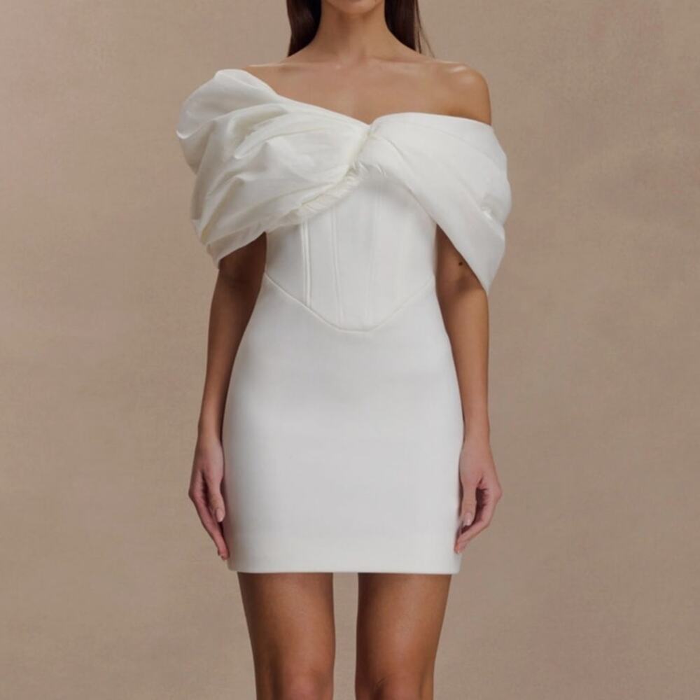 Meshki Ivory Off-Shoulder Twist Corset Mini Dress